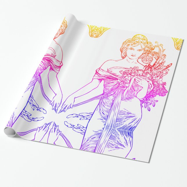 Papier Cadeau Art nouveau Alphonse Mucha femme avec fleurs (Déroulé)