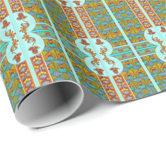 Papier Cadeau Art nouveau floral Verneuil textile art turquoise (Coin rond)