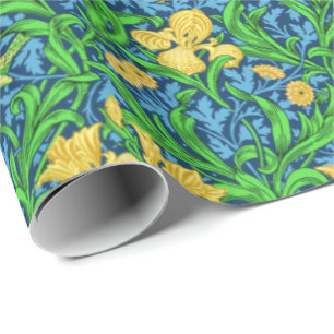 Papier Cadeau Art Nouveau Iris Imprimer, jaune et bleu Cobalt