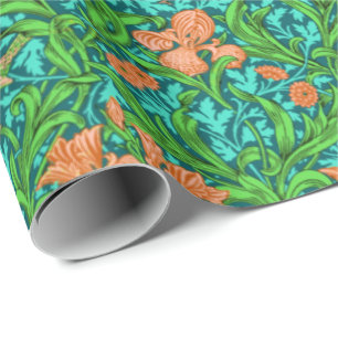 Papier Cadeau Art nouveau Iris Imprimer, orange et turquoise