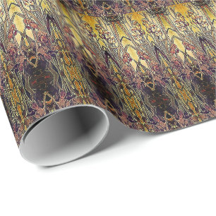 Papier Cadeau Art nouveau iris motif or bronze rouge élégant