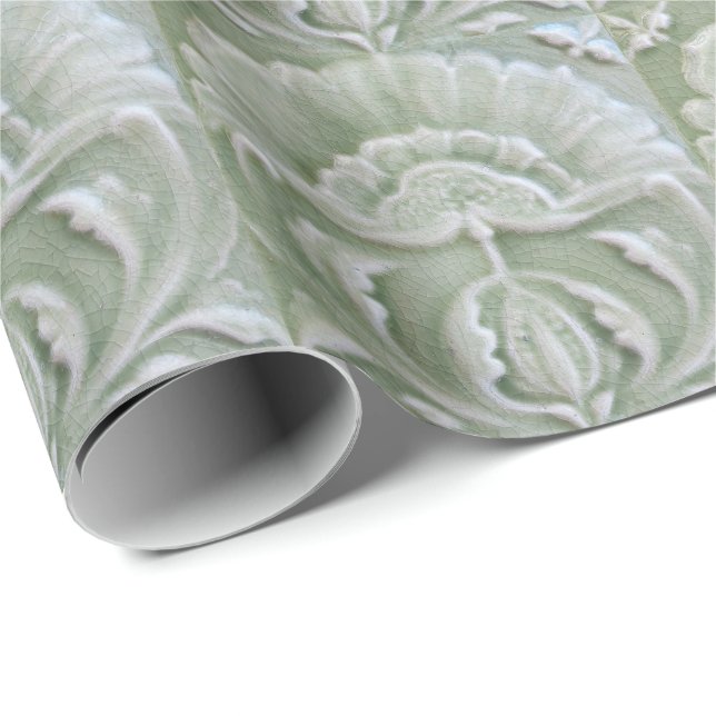 Papier Cadeau Art nouveau jugendstil tuile de fleurs gris vert (Coin rond)