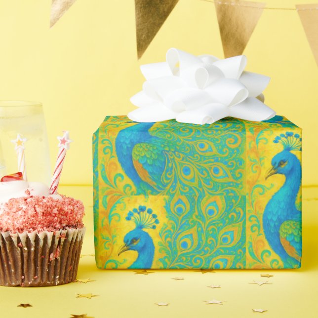 Papier Cadeau Art Nouveau Peacock Jaune Damas motif (Fête d'anniversaire)