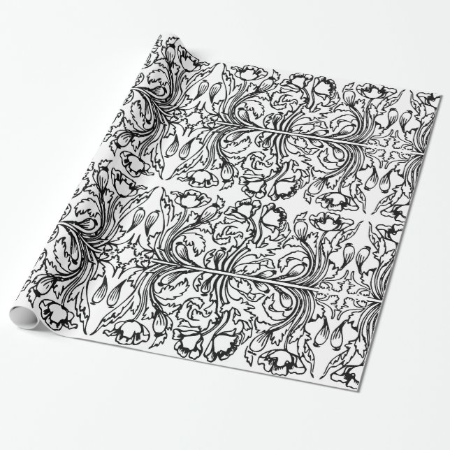 Papier Cadeau Art nouveau poppy floral noir blanc élégant (Déroulé)
