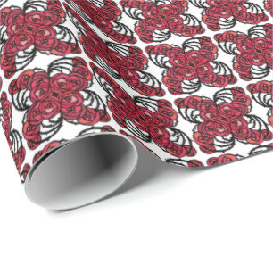 Papier Cadeau Art Nouveau Vignes florales rouges et noires roses