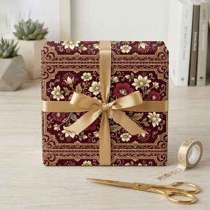 Papier Cadeau Art Nouveau Vintage Bourgogne Fleuron Défilement