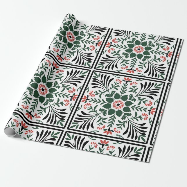 Papier Cadeau art populaire de noël vert et rouge (Déroulé)