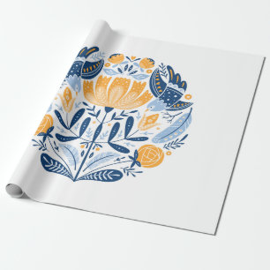 Papier Cadeau Art populaire ornement rond avec oiseaux, roses et