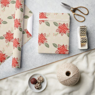 Papier Cadeau Art populaire Poinsettia Rustique Noël hiver Flora