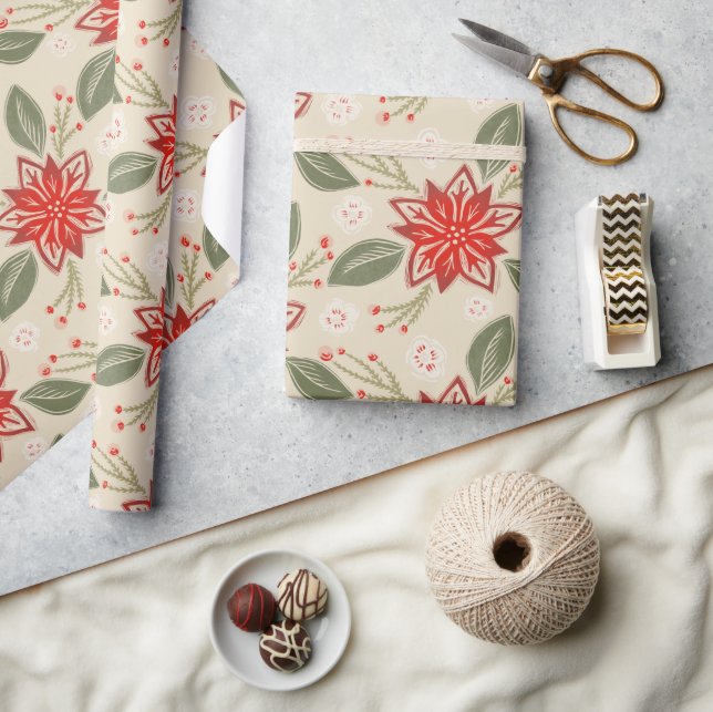 Papier Cadeau Art populaire Poinsettia Rustique Noël hiver Flora (Artisanat)