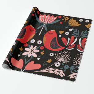 Papier Cadeau art populaire scandinave coloré motif avec flore