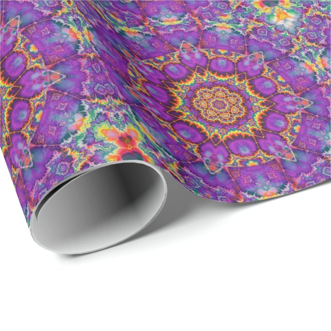 Papier Cadeau Art pourpre de kaléidoscope d'arc-en-ciel de fleur (Coin rond)