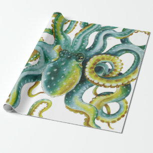 Papier Cadeau Art vert d'aquarelle de poulpe