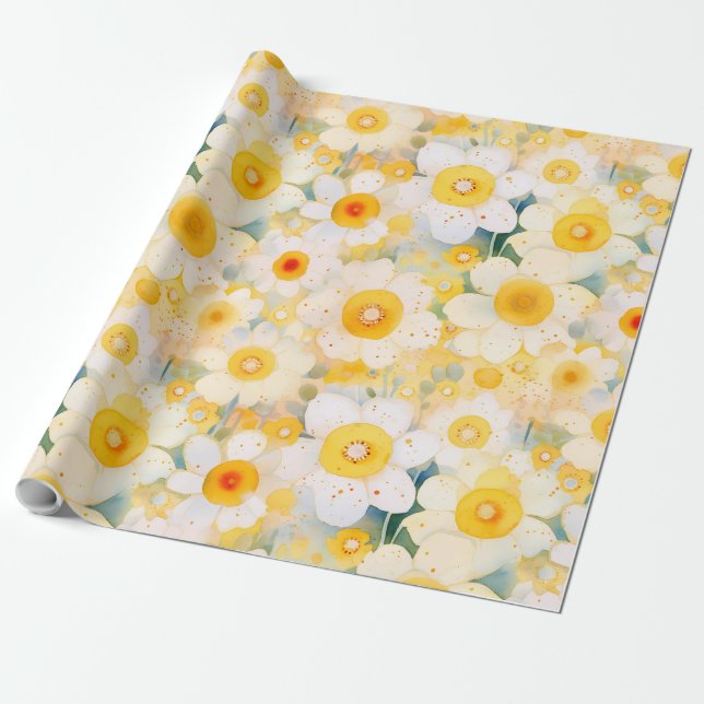 Papier Cadeau Artisan Fleur sauvage Jaune Orange Blanc Joyeux Am (Déroulé)