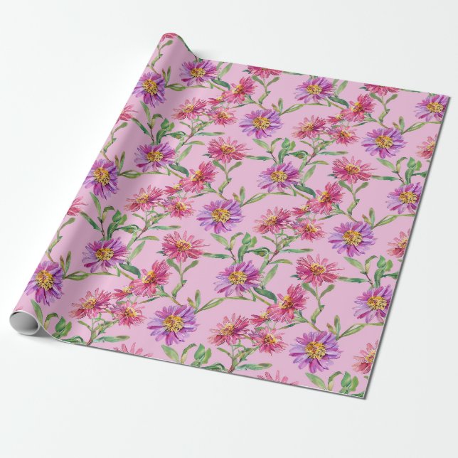 Papier Cadeau Aster Anniversaire Fleur de Septembre Aquarelle (Déroulé)