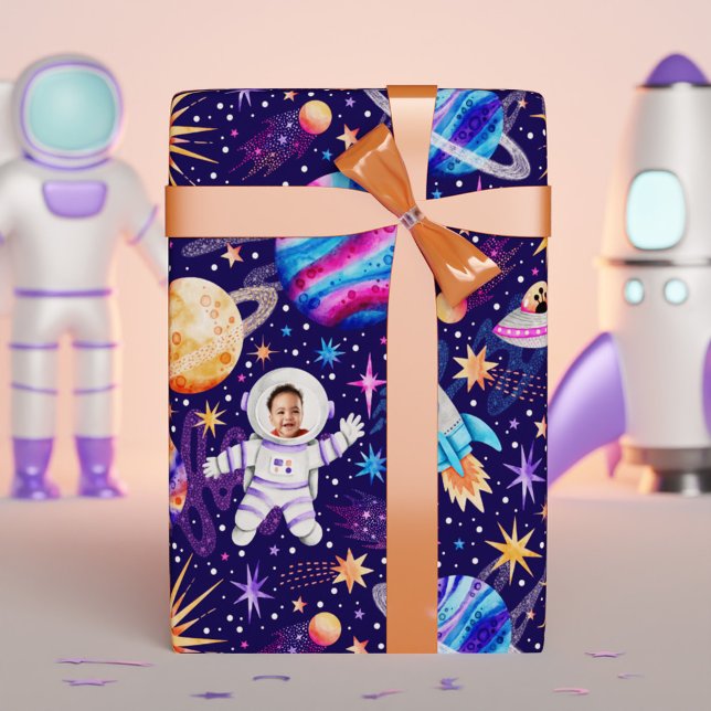 Papier Cadeau Astronaut Espace Rocks & Planètes Photo (Astronaut Outer Space Rockets & Planets Photo Wrapping Paper)