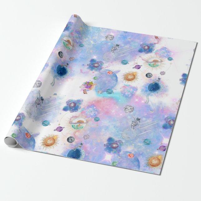 Papier Cadeau Astronautes et planètes enveloppant du papier (Déroulé)