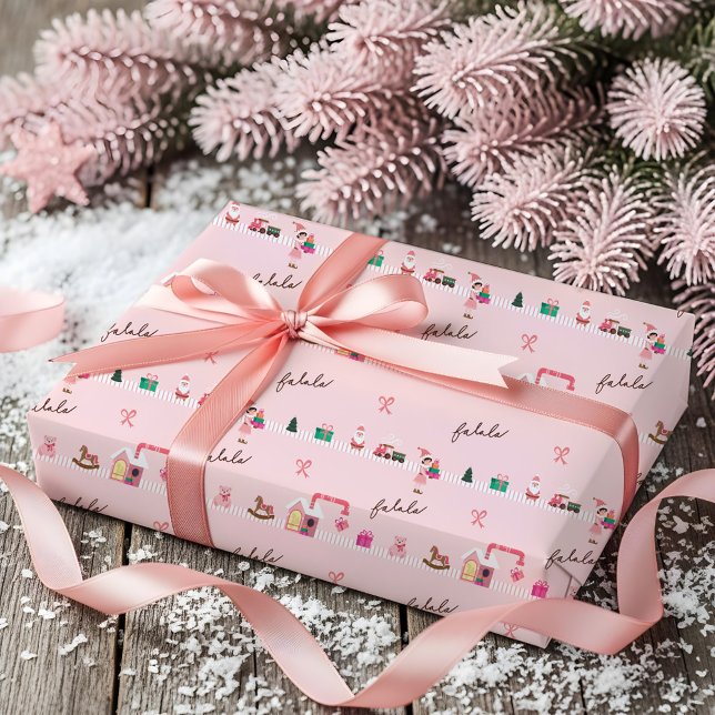 Papier Cadeau Atelier de Jouets de l'Elfe Rose de Noël Amusant (Fun Pink Chrismtas Elf Workshop Toy Factory Wrapping Paper)