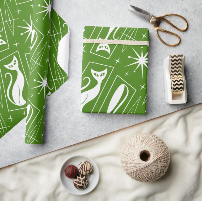 Papier Cadeau Atomique Star Cat MidCentury Moderne MCM de Noël (Artisanat)