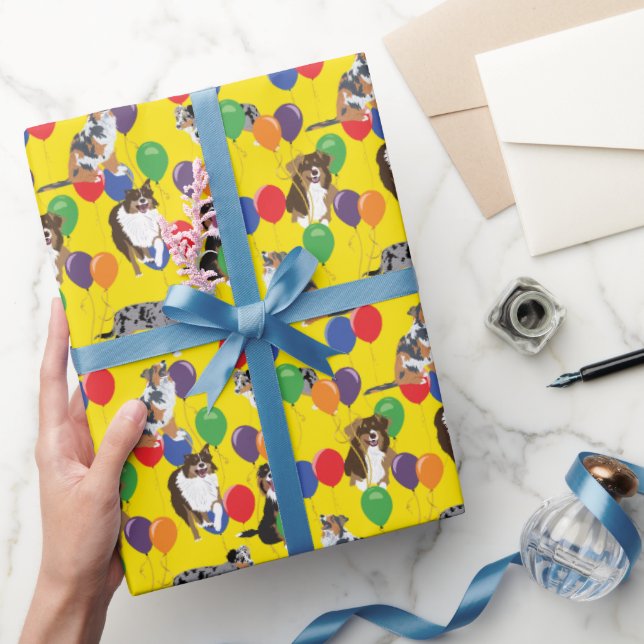 Papier Cadeau Aussies Australian Shelpherds et Balloons du Parti (Cadeaux)