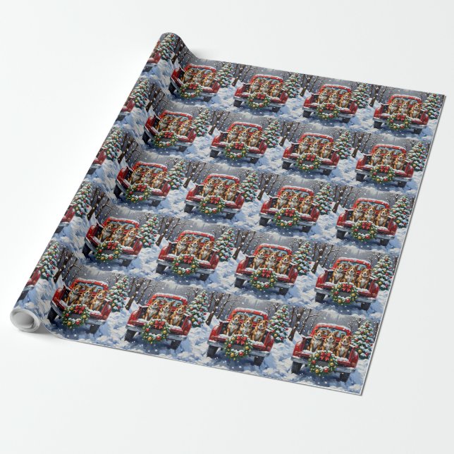 Papier Cadeau Australian Cattle Dog Christmas Red Truck Holiday (Déroulé)