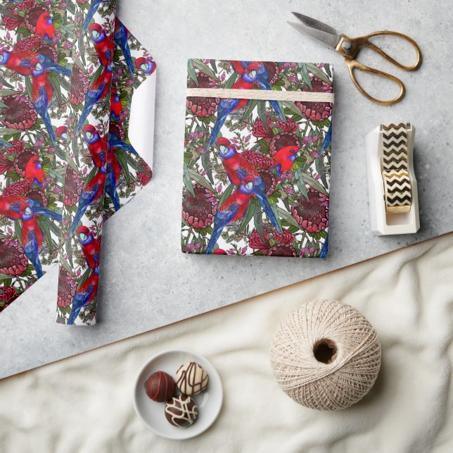 Papier Cadeau Australian Crimson Rosella et Motif Fleur sauvage (Artisanat)