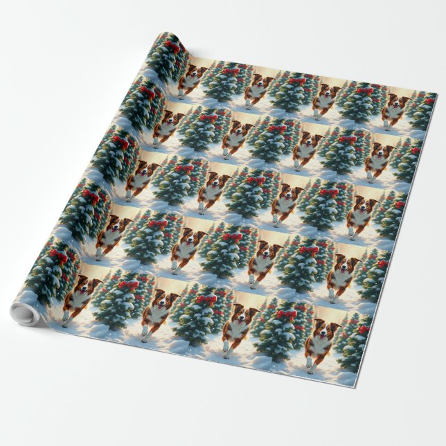 Papier Cadeau Australian Shepherd Christmas Tree Farm Painting (Déroulé)