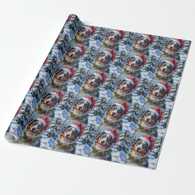 Papier Cadeau Australian Shepherd Merle Winter Christmas Art (Déroulé)