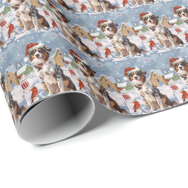 Papier Cadeau Australian Shepherd Winter Wonderland Noël (Coin rond)