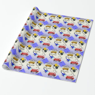 Papier Cadeau Autobus scolaire, hélicoptère, feu et camion de