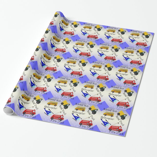 Papier Cadeau Autobus scolaire, hélicoptère, feu et camion de (Déroulé)