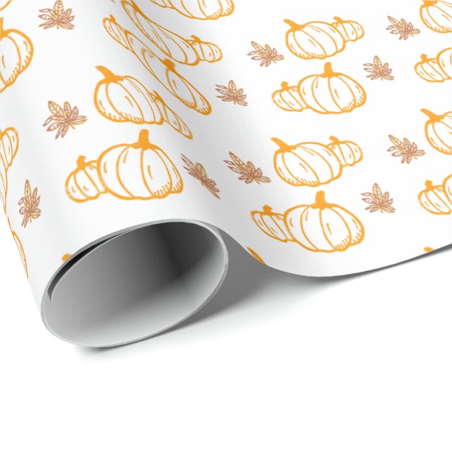 Papier Cadeau Automne Amusants Citrouilles et Feuilles (Coin rond)