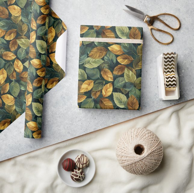 Papier Cadeau automne cuivre jaune orange vert automne feuilles (Artisanat)