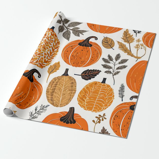 Papier Cadeau Automne Rustique Citrouilles, Gourdes et Motif de  (Déroulé)