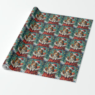 Papier Cadeau Aventure de Shetland Sheepdog dans le sac du Père