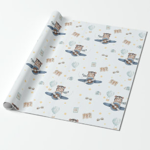 Papier Cadeau Avion Aventure Bear Blue Plane