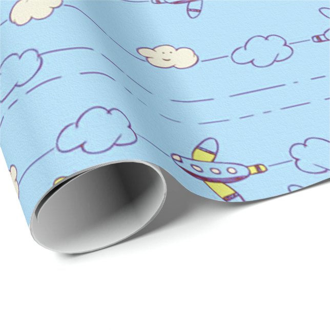 Papier Cadeau Avions de bleu de garçons (Coin rond)