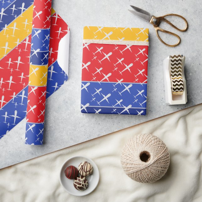 Papier Cadeau Avions volent en formation rouge bleu et jaune (Artisanat)