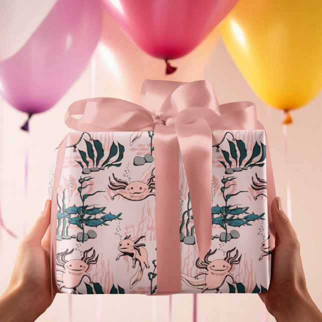 Papier Cadeau Axolotl sous l'eau rose et vert pour enfants anima (Pink Axolotl Amphibian in Underwater Aquatic Pattern in Pink and Green. Hand Drawn Animal Drawing.)