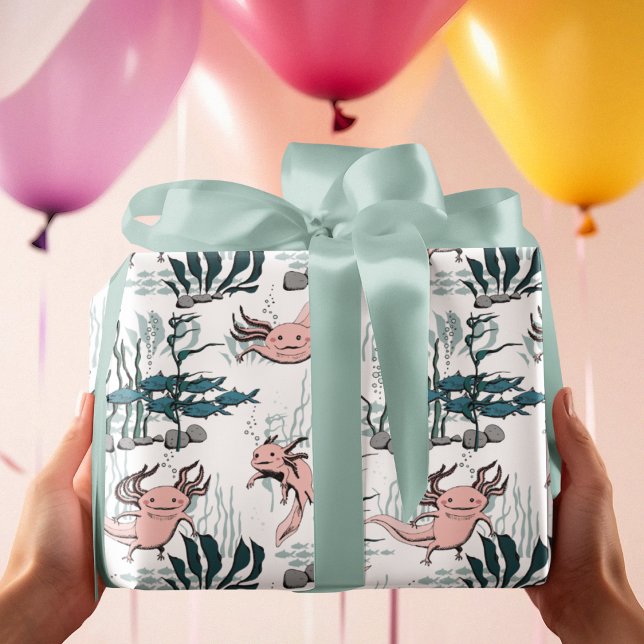 Papier Cadeau Axolotl sous-marin rose et jaune enfant animal (Cute Pattern with Axolotl Amphibian Drawing and Underwater Aquatic Scene with  Swimming Fish & Rocks)