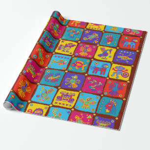 Papier Cadeau Aztèque coloré Animaux mexicains 1