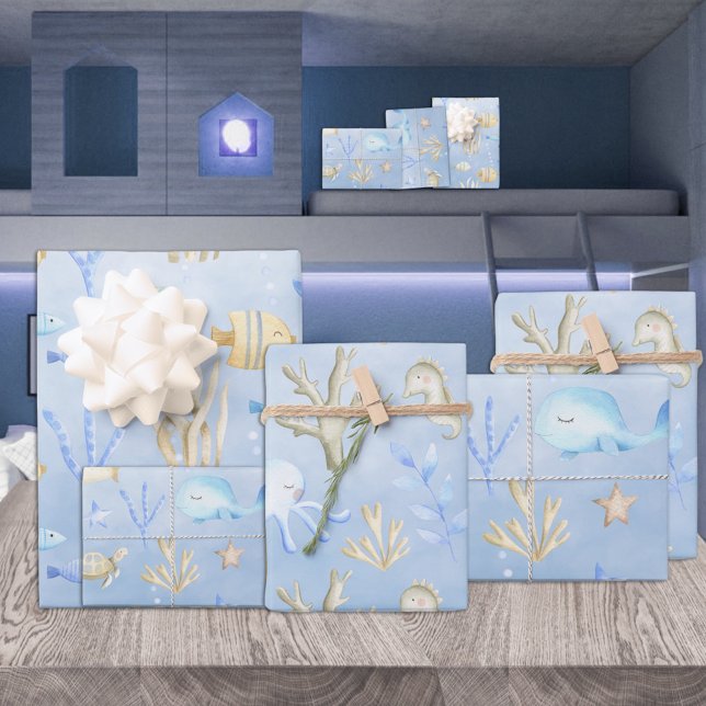 Papier Cadeau Baby Blue Octopus & Seahorse Under the Sea (Créateur téléchargé)