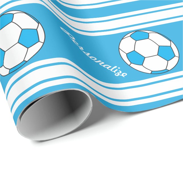 Papier Cadeau Baby Blue Stripes balle de football (Coin rond)