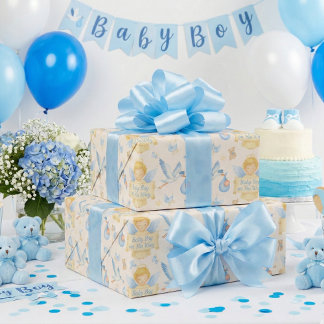 Papier Cadeau Baby Boy Arrival Angel Stork Faire-part