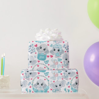 Papier Cadeau Baby Boy Elephant Cute Blue Baby Shower Baptism 