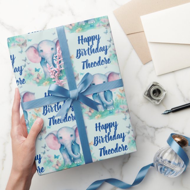 Papier Cadeau Baby Elephant Boys Personnalisé Anniversaire (Cadeaux)