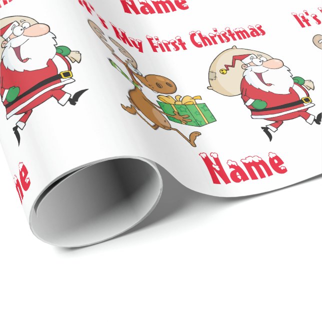 Papier Cadeau Baby First Christmas nommé Giftwrap Funny Père Noë (Coin rond)