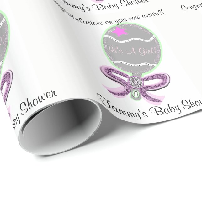 Papier Cadeau Baby Girl Douche rose bébé hochet (Coin rond)