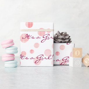 Papier Cadeau Baby Girl Pink Pots Plaid Sur Blanc