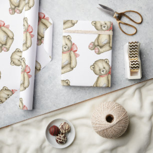 Papier Cadeau Baby Girl Teddy Bear Aquarelle rose